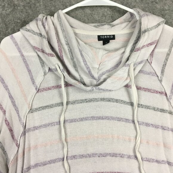 Torrid Top 2 2X Cowl Neck Slim Fit Semi Sheer Striped Beachy Hooded Long Sleeve - Picture 5 of 14